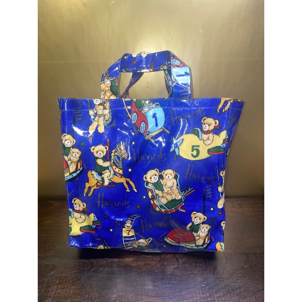 Harrods of London Knightsbridge Blue Teddy‎ Bear Carousel Print PVC Tote Bag